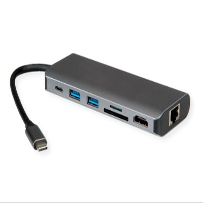 ROLINE Docking Station USB Type C, 8K30 HDMI, USB 3.2 Gen 1 (Type-A), PD, LAN, SD/MicroSD