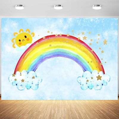 10x6.5ft Rainbow Backdrop Colorful Rainbow on Cloud Gold Stars Photography Background Watercolor Kids Birthday Party Banner Decorations Cake Table Supplies Photo Booth Props
