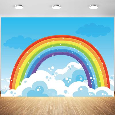 10x6.5ft Rainbow Backdrop Blue Sky Colorful Rainbow Cloud Photography Background Kids Birthday Baby Shower Party Banner Cake Table Decorations Supplies Photo Booth Props