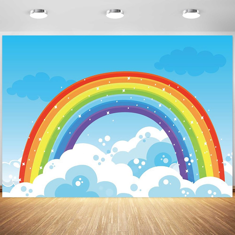 10x6.5ft Rainbow Backdrop Blue Sky Colorful Rainbow Cloud Photography Background Kids Birthday Baby Shower Party Banner Cake Table Decorations Supplies Photo Booth Props