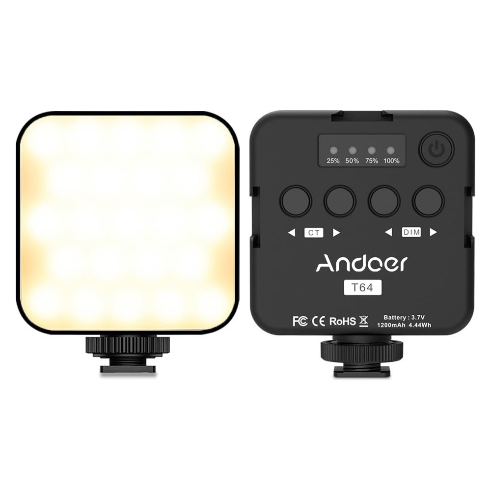 Andoer T64 Pocket Led Light Mini Video Lamp Photography Light 2500K-9000K200K Color Temperature CRI95 with 64pcs Beads 3 Cold Shoe Mounts for Live Streaming Home Studio Comercial Photography