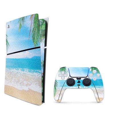 MightySkins Glossy Glitter Skin Compatible with Playstation 5 Slim Digital Edition Bundle - Pristine Beach | Protective, Durable High-Gloss Glitter Finish | Easy to Apply | Made in The USA