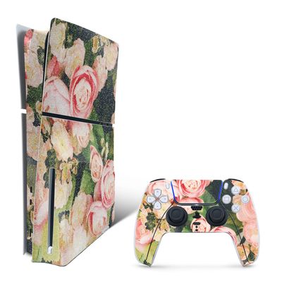 MightySkins Glossy Glitter Skin Compatible with Playstation 5 Slim Disk Edition Bundle - Faded Roses | Protective, Durable High-Gloss Glitter Finish | Easy to Apply | Made in The USA