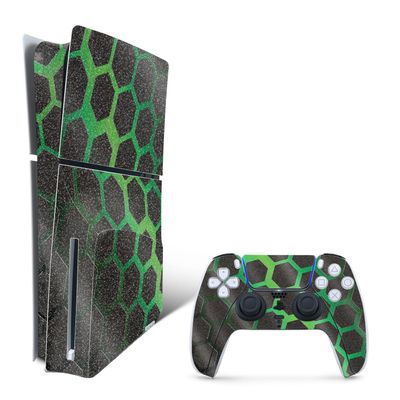 MightySkins Glossy Glitter Skin Compatible with Playstation 5 Slim Disk Edition Bundle - Green Hex | Protective, Durable High-Gloss Glitter Finish | Easy to Apply | Made in The USA