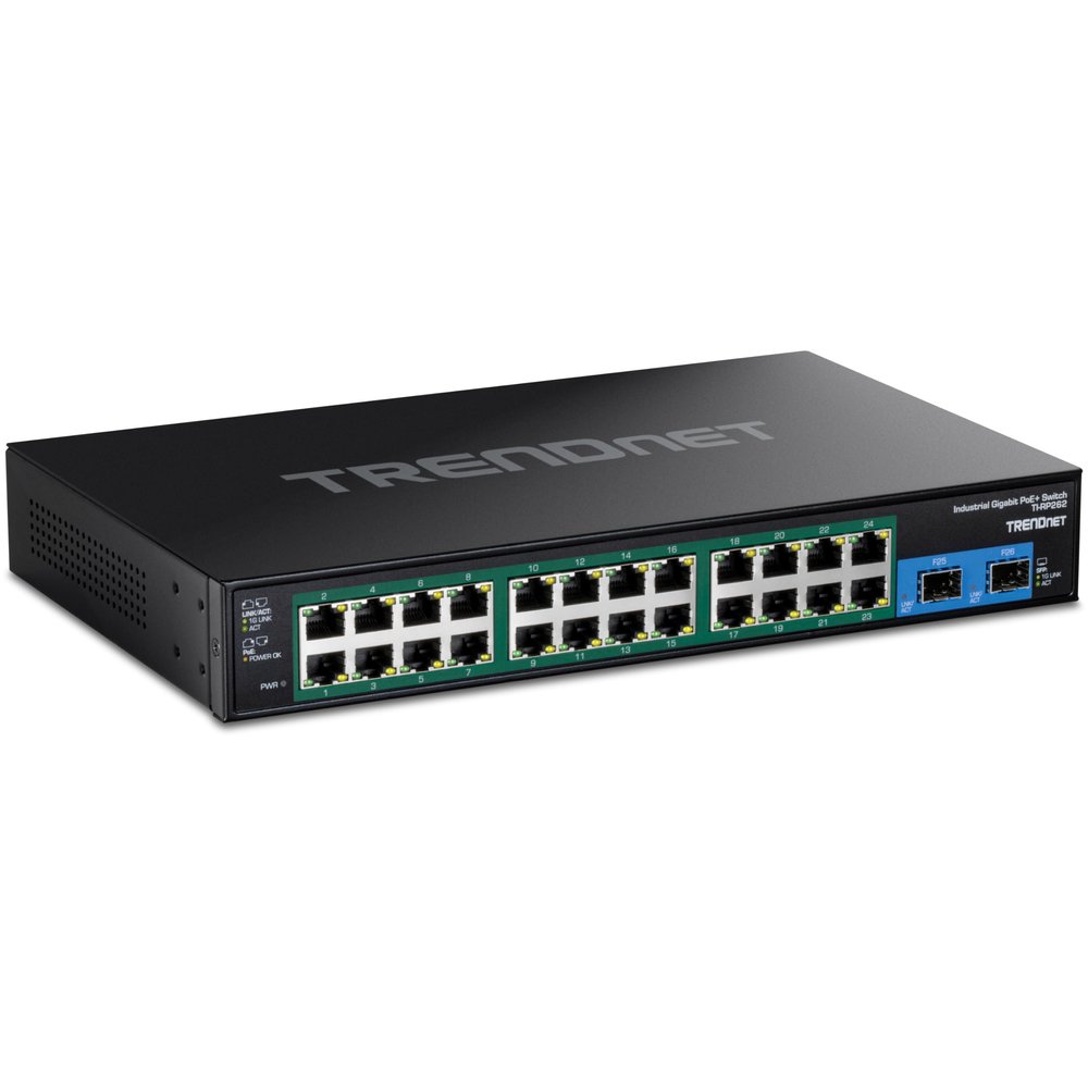 TRENDnet 26-Port Hardened Industrial Gigabit PoE+ Rackmount Switch, TI-RP262, 24 x Gigabit PoE+ Ports, 2 x Gigabit SFP Ports, Lifetime Protection, Black