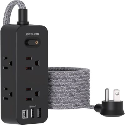 Black Power Strip Surge Protector, BESHON 5Ft Extension Cord, 6 Outlets with 3 USB Ports(1 USB C Outlet), 3-Side Outlet Extender, Wall Mount, Compact for Travel, Home, College Dorm Room, and Office