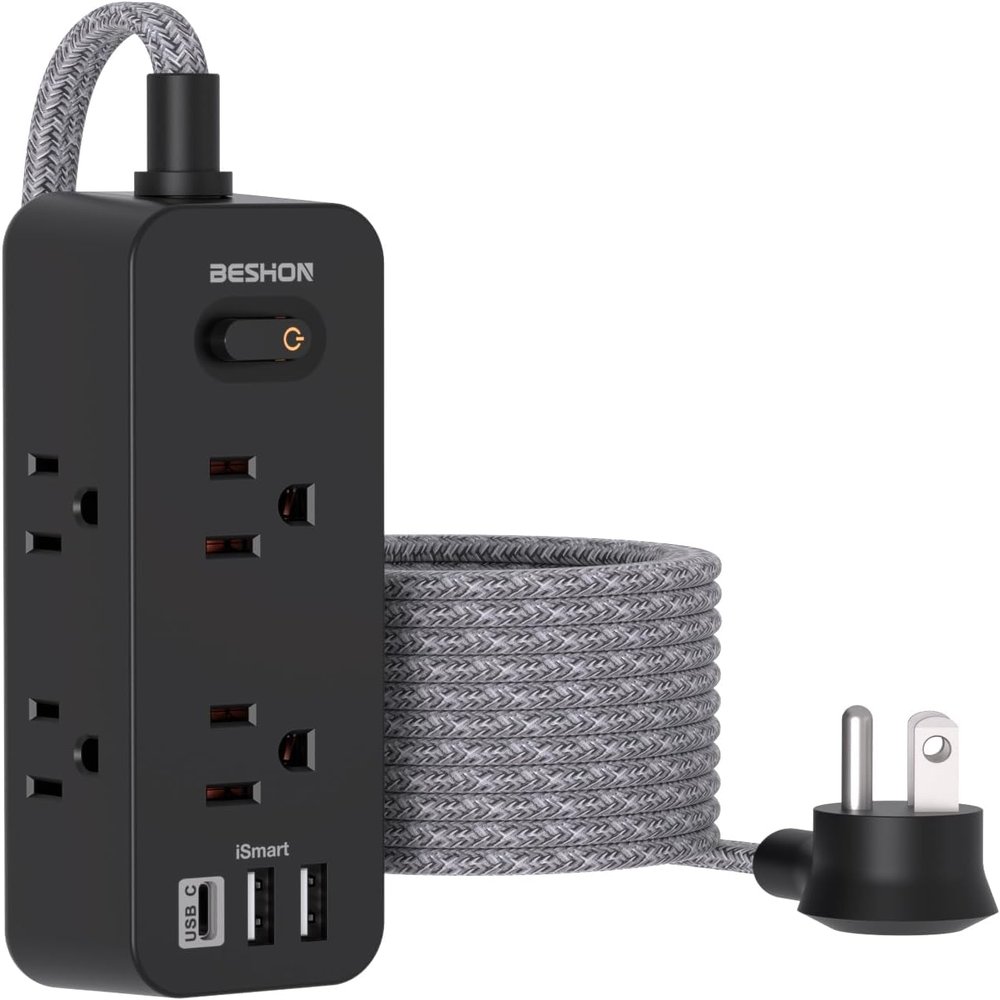 Black Power Strip Surge Protector, BESHON 5Ft Extension Cord, 6 Outlets with 3 USB Ports(1 USB C Outlet), 3-Side Outlet Extender, Wall Mount, Compact for Travel, Home, College Dorm Room, and Office