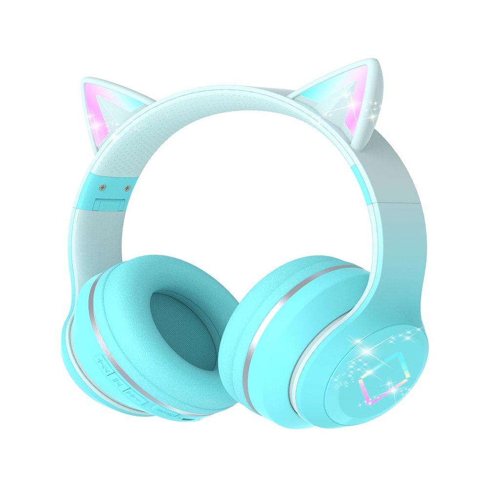 YOYOTUNE Bluetooth Kids Headphones,Cat Ear LED Light Up Kids Wireless Headphones,Bluetooth 5.1&Stereo Sound, Foldable,Adjustable Headband,Children Headphone with Microphone for School/Tablet (Green)