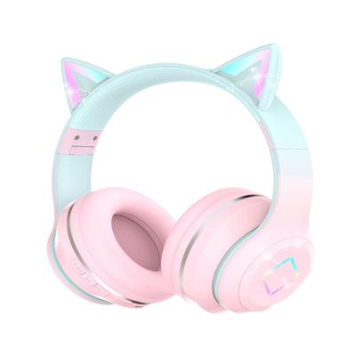 YOYOTUNE Bluetooth Kids Headphones,Cat Ear LED Light Up Kids Wireless Headphones,Bluetooth 5.1&Stereo Sound, Foldable,Adjustable Headband,Children Headphone with Microphone for School/Tablet (Pink)