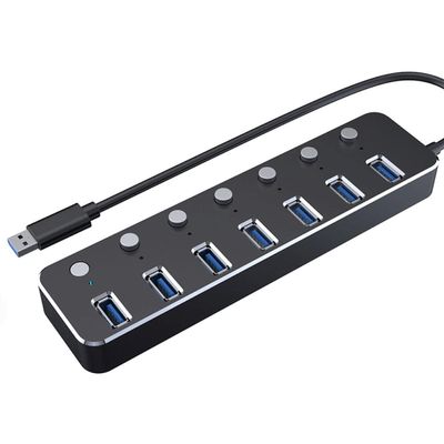 CARUTU USB Hub, Independent Switch,Aluminum 7-Port USB 3.0 Hub 120cm Cable Sub-Control Switch 5Gbps LED Indicator HUB Chargeable Splitter for Multi USB Devices (Color : Black)