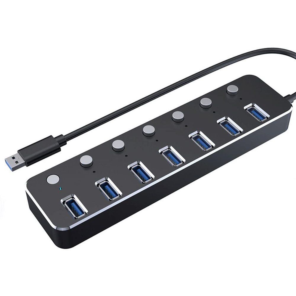 CARUTU USB Hub, Independent Switch,Aluminum 7-Port USB 3.0 Hub 120cm Cable Sub-Control Switch 5Gbps LED Indicator HUB Chargeable Splitter for Multi USB Devices (Color : Black)
