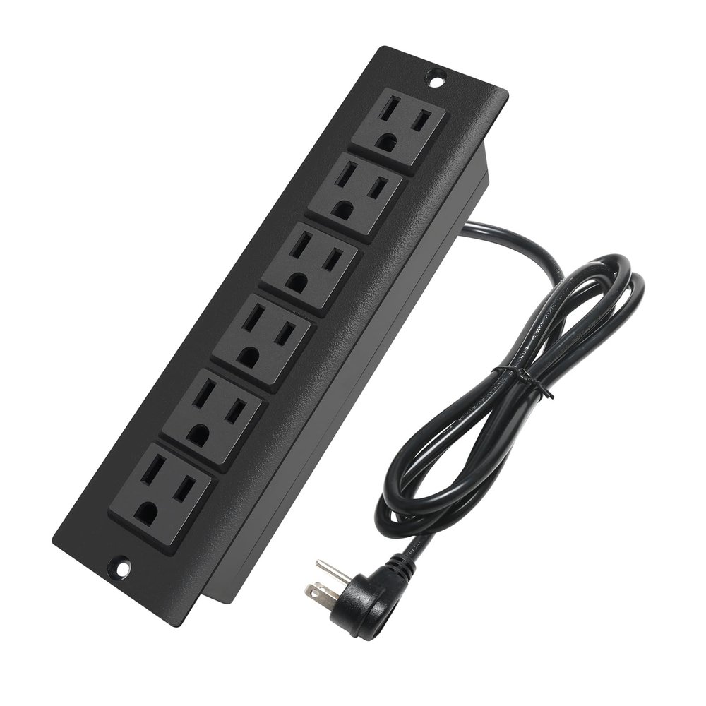 Recessed Power Strip Without USB,Mount Industrial Workshop Power Charge Station 6 Outlets 6.56ft Extension Flat Plug Black