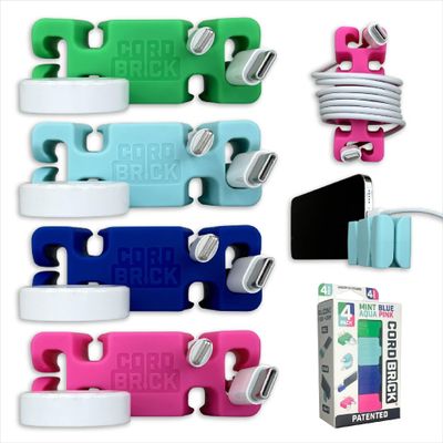 CordBrick Steel Weighted Cord Holder, Cord Wrap, Phone Accessory, Stocking Stuffer for Men, Adults, College Students. Nightstand, Desk Travel Organizer. Silicone. 4pk Spring Colors