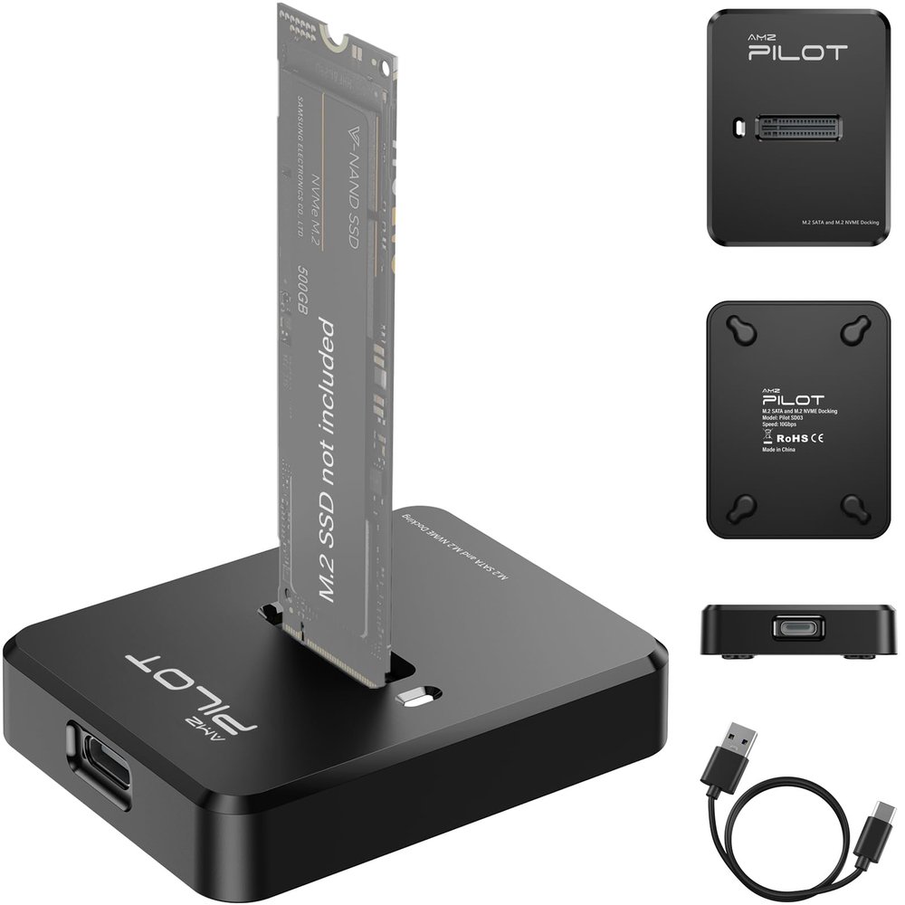 AMZPILOT Tool-Free M.2 NVMe & SATA to USB C Docking Station, 10Gbps SSD Reader Adapter for Data Rescue & External Storage, Supports M/B+M Key NVMe PCIe & SATA NGFF 2230-22110, for Laptop, PC