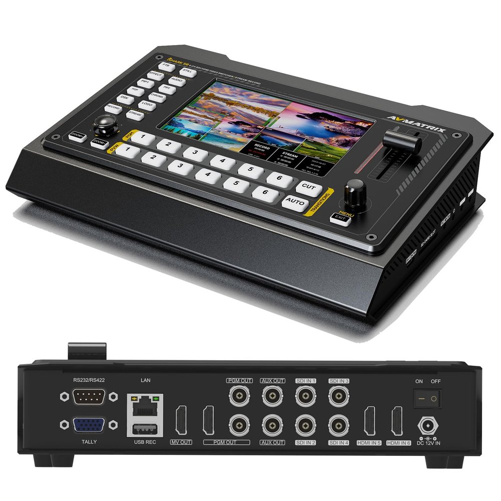 AVMATRIX Shark S6 6CH HDMI/SDI Multi-Camera Video Mixer Switcher with 5" FHD Screen for Live Streaming, SDI/HDMI in, USB/SD Card Record, Ethernet/USB Out Video Switcher for Real Time Live Stream