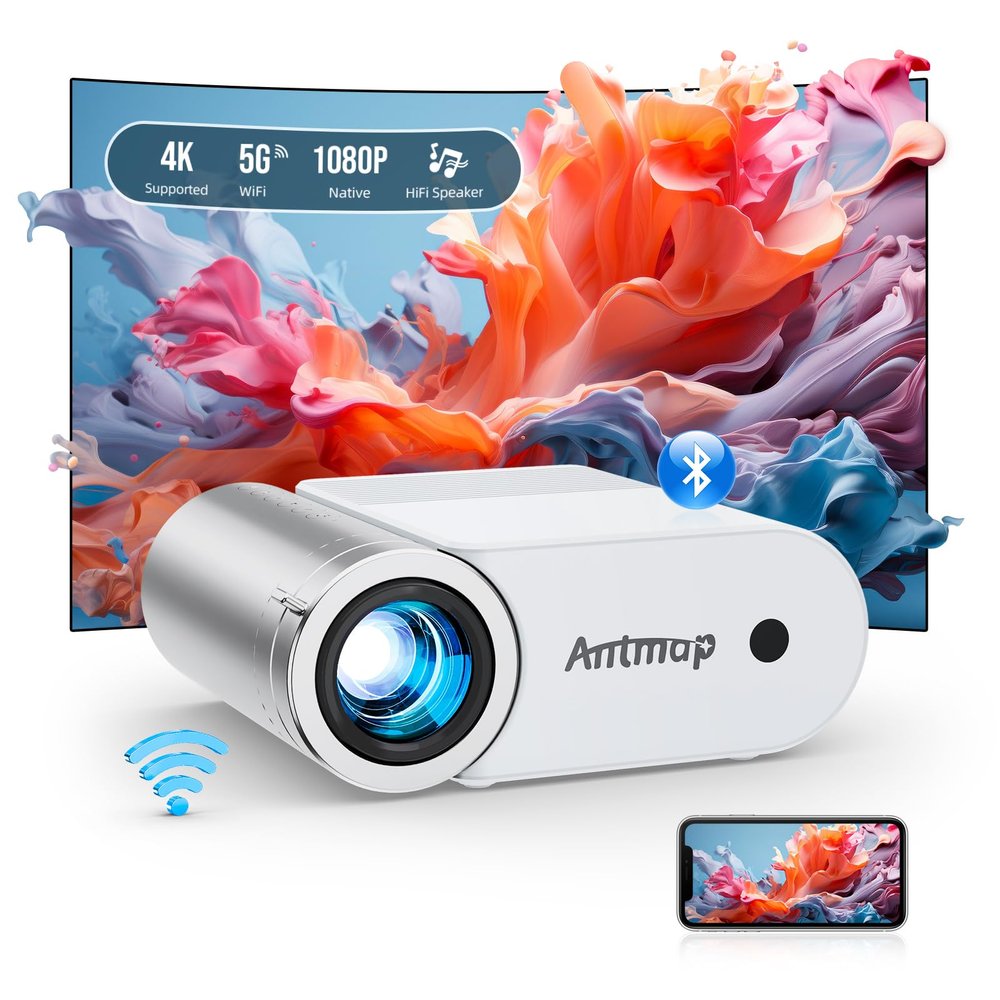 Antmap Mini Projector with WiFi and Bluetooth, 1080P Support Portable Projector for iPhone, 200 Portable Projectors for Bedroom, Compatible with Phone/Pad/Laptop/TV Stick