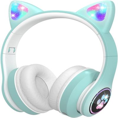 CAT YOWU Wireless Headphones with Microphone, Over-Ear Bluetooth Cat Ear Headphones for Kids and Teens (Green)