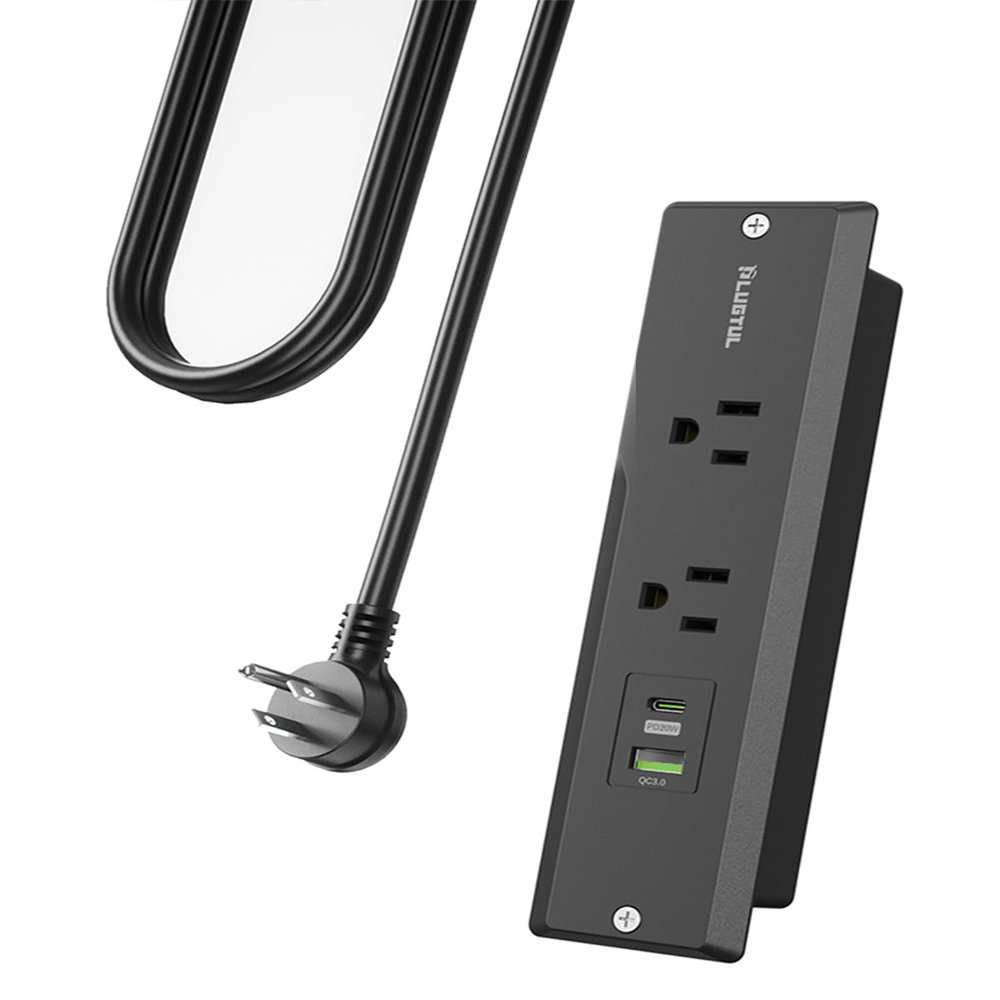 PLUGTUL Recessed Power Strip, 10 FT, PD 20W Fast Charging, Flat Plug, Black, Plastic & Rubber, 2 AC Outlets, 1 USB-C PD20W, 1 USB-A, 10A, 1250W, ETL Listed, Indoor Use