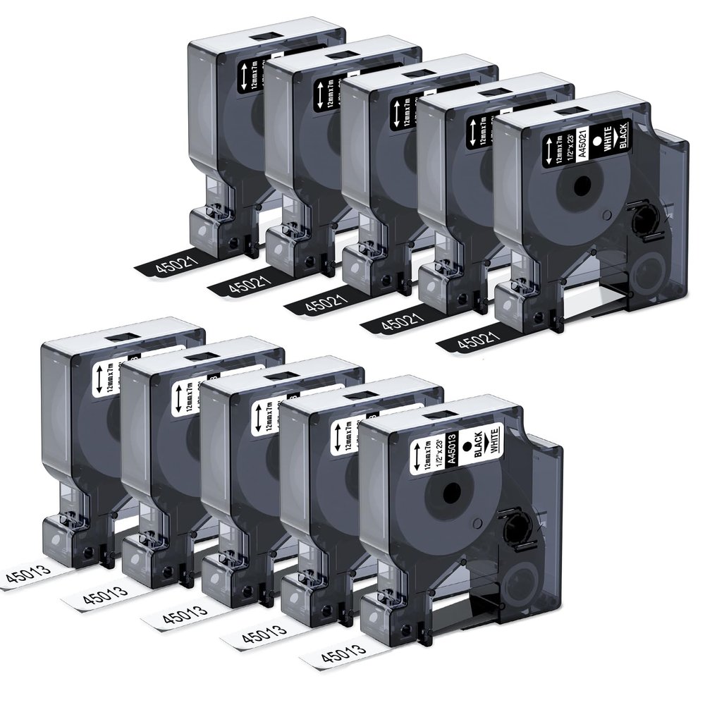 5 Black + 5 White Compatible with Dymo D1 Label Tape Refills 45013 Black on White and 45021 White on Black Use for DYMO LabelManager 160 280 210D 360D 420P Label Maker, 1/2 inch x 23ft