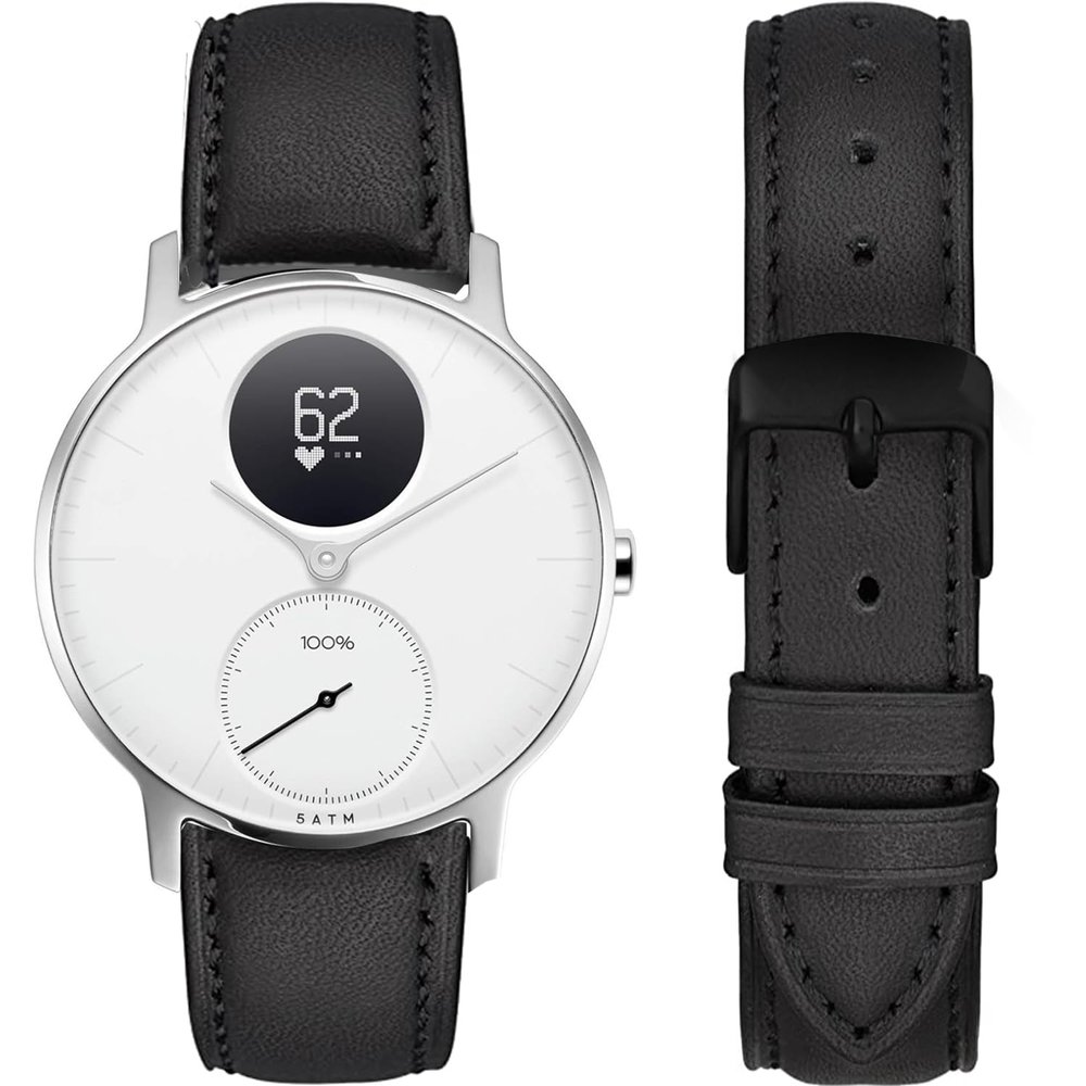 Lamshaw Compatible for Withings Smartwatch Bands, 18mm, 20mm Quick Release Genuine Leather Wristband Replacement Band for Women, Man, Wristband Accessories (18mm size band, Black)