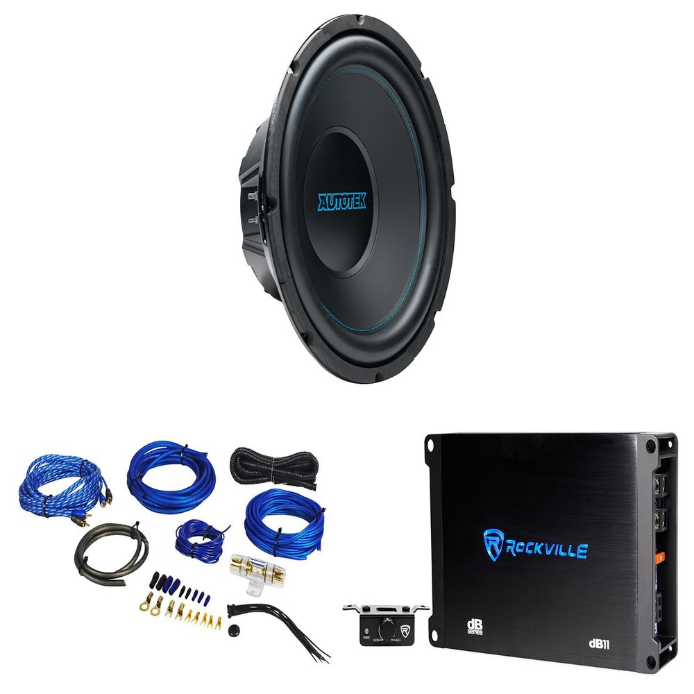 Audiosavings Bundle: Autotek ATK12D4 12"Car Audio Subwoofer 800 Watt Peak/400w RMS Sub Bundle with Rockville dB11 1400 Watt Peak/350 Watt RMS Amplifier + Rockville RWK81 8 Gauge Amp Wire Kit (3 Items)