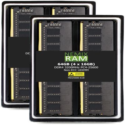 NEMIX RAM 64GB (4X16GB) DDR4 3200MHZ PC4-25600 1Rx8 1.2V CL22 288-PIN Non-ECC Unbuffered UDIMM Desktop PC Memory KIT Compatible with ASUS Prime B660,B760,H770,Z790M,B560 Motherboards