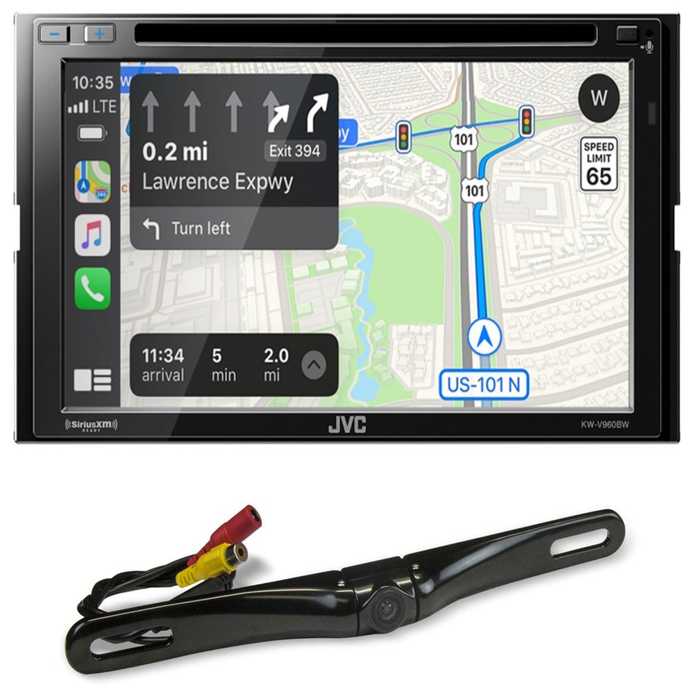 Audiosavings Bundle: JVC KW-V960BW 6.8" Wireless Android/CarPlay Monitor Car DVD Receiver w/Bluetooth Bundle with Rockville RBC5B Metal Car License Plate Camera+Night Vision+Distance Lines (2 Items)