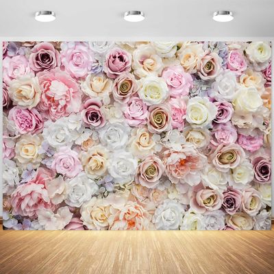 12x8ft Flower Backdrop Pink White Flowers Wall Photography Background Birthday Mothers Day Girl Baby Shower Wedding Party Banner Decorations Supplies Photo Booth Props