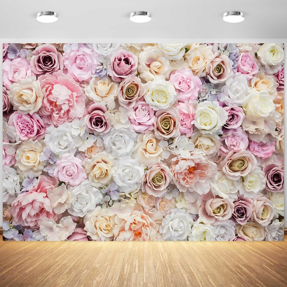 12x8ft Flower Backdrop Pink White Flowers Wall Photography Background Birthday Mothers Day Girl Baby Shower Wedding Party Banner Decorations Supplies Photo Booth Props