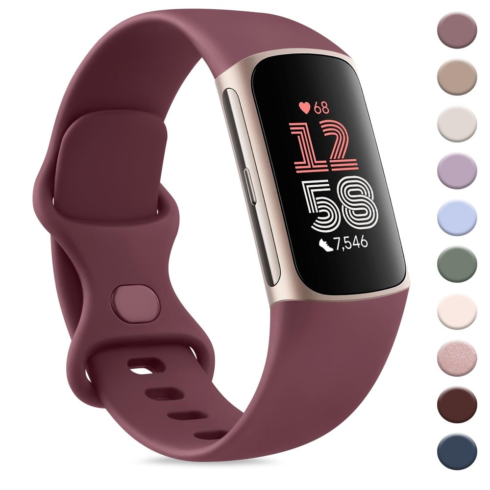 AK Sport Band Compatible with Fitbit Charge 6 / 5 Bands, Classic Soft Replacement Straps Wristbands for Fitbit Charge 6 / 5 Advanced Fitness & Health Tracker (Wine Red)