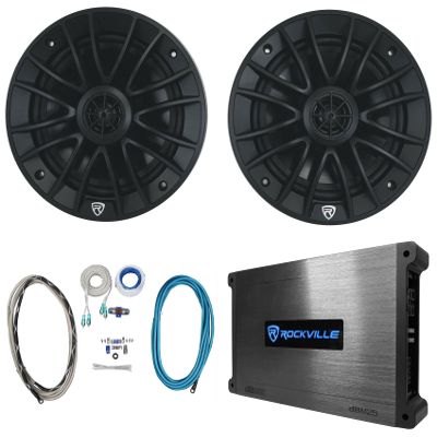 Rockville RM-PREMIUM-65 Bundle: (2) 6.5 in 600 Watt Peak/150 Watt RMS 4 Ohm Marine Speakers in Black, DBM25 2-Channel Class-AB Amplifier, RMWK4 4-Gauge Waterproof Amp Install Kits, 4-Items