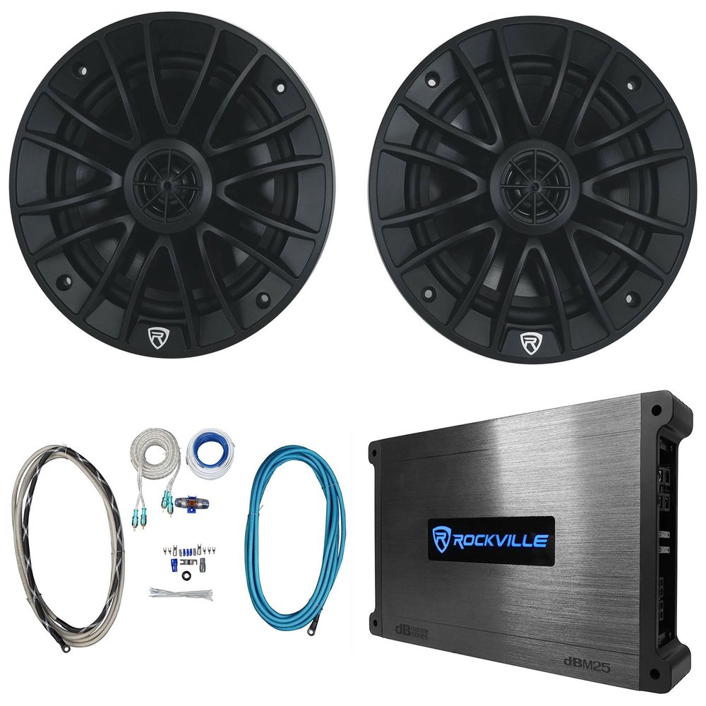 Rockville RM-PREMIUM-65 Bundle: (2) 6.5 in 600 Watt Peak/150 Watt RMS 4 Ohm Marine Speakers in Black, DBM25 2-Channel Class-AB Amplifier, RMWK4 4-Gauge Waterproof Amp Install Kits, 4-Items