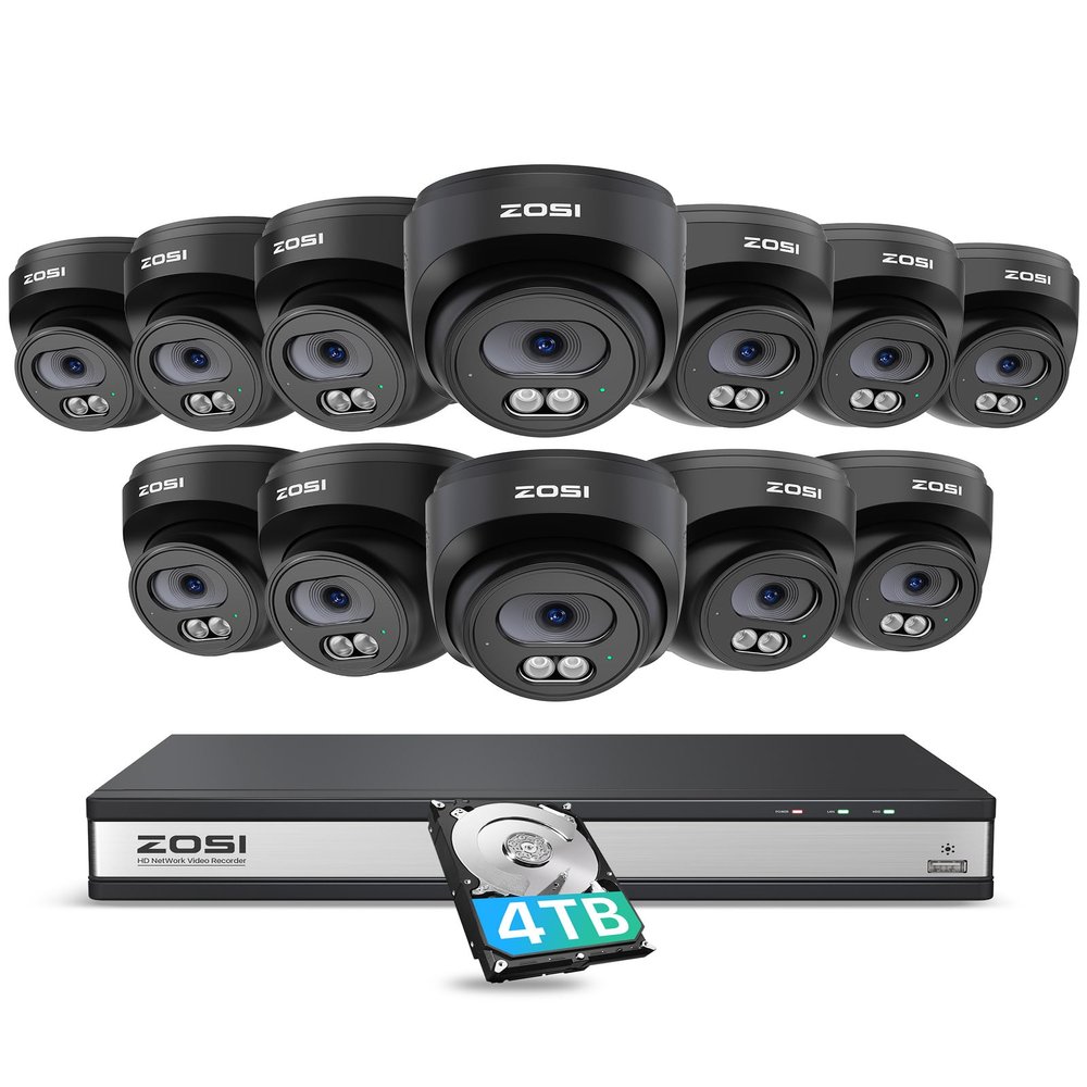 ZOSI C220 16CH 4K PoE Home Security Camera System, 16 Channel 4K 8MP NVR with 4TB HDD for 24/7 Record, 12 x 4MP(1440p) QHD 2.5K Dome IP Cameras Outdoor Indoor, Smart AI Human Detection, Two-Way Audio