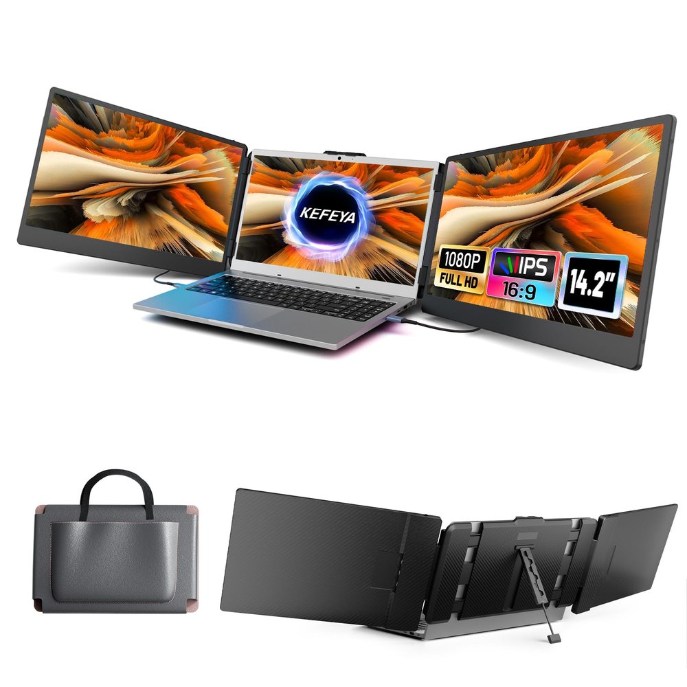 KEFEYA Laptop Screen Extender, 14.2" Portable Triple Monitor for Laptop with Full HD IPS Display, Monitor Extender Compatible with Mac, Windows, Chrome, Fits 13-17 Inch Laptops