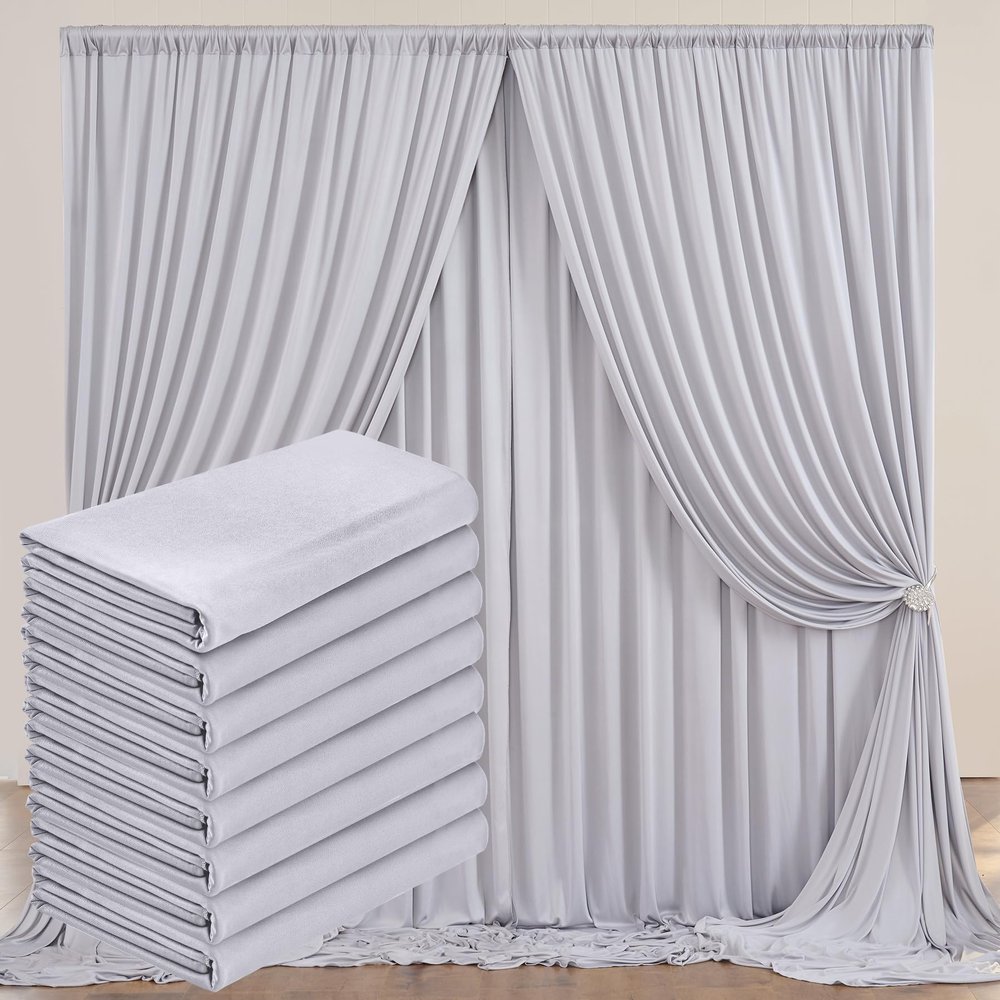 10ftx40ft Silver Wrinkle-Free Backdrop Curtain Drapes, 8 Panels 5ftx10ft Thick Silver Polyester Background Curtains Backdrop Decorations for Party