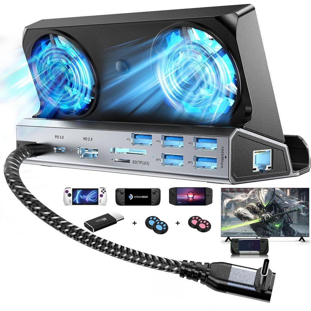 Dual Cooling Fans 13-in-1 Steam Deck Docking Station with 4K@60Hz,5 USB Ports,1000Mbps,SD/TF Slot,Type C 100W PD, 40Gbps Adapter for Steam Deck/Rog Ally/Switch/Legion Go