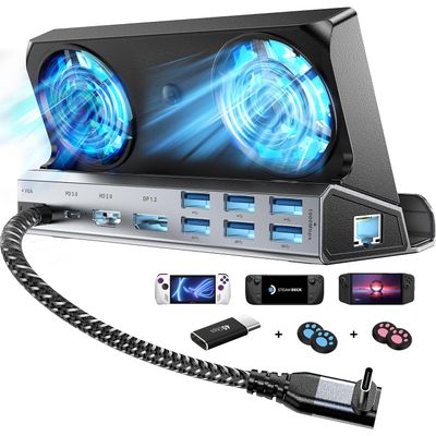 14-in-1 Steam Deck Docking Stationfor Steam Deck/Rog Ally/Switch/Legion Go Dual Cooling Fans 4K@60Hz,1080P 6 USB Ports,1000Mbps, 100W Type C Charing,DP1.2,40Gbps Adapter