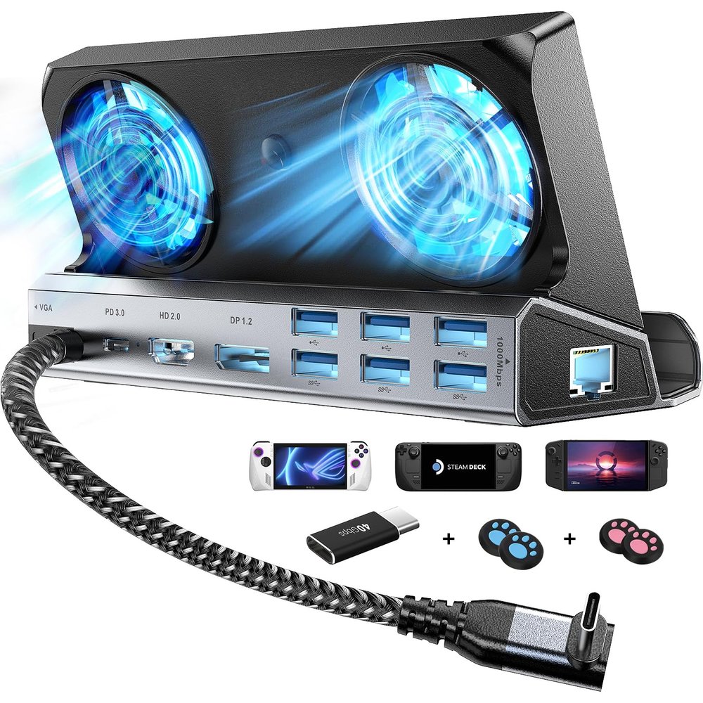 14-in-1 Steam Deck Docking Stationfor Steam Deck/Rog Ally/Switch/Legion Go Dual Cooling Fans 4K@60Hz,1080P 6 USB Ports,1000Mbps, 100W Type C Charing,DP1.2,40Gbps Adapter