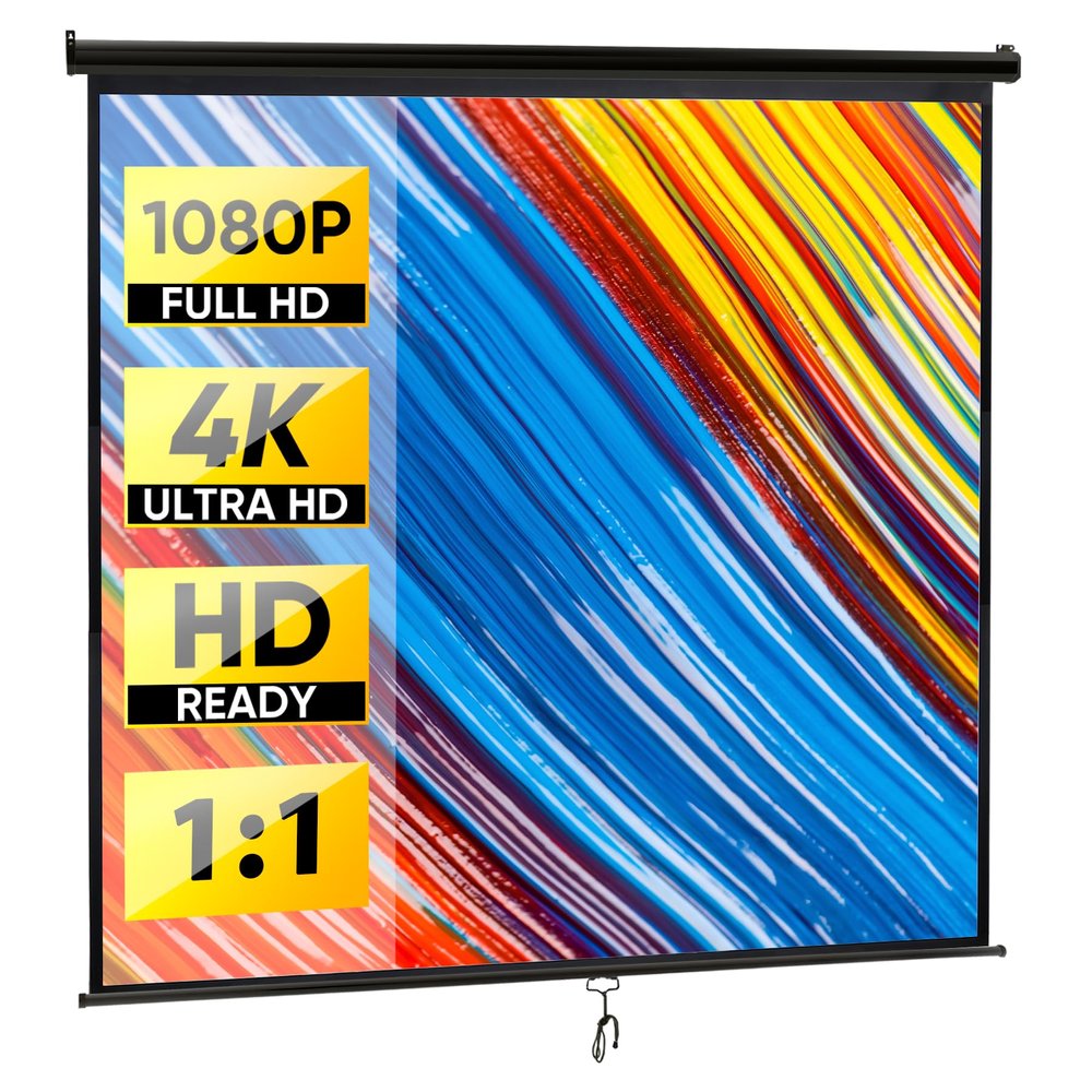 Smartxchoices 120" HD Manual Projector Screen 1:1 Format with Auto Lock Anti-Crease Home Theater Office Wall Mounted Ceiling Pull Down Projection 1.1 Gain Matte Black,View Size: 84 x 84 inches