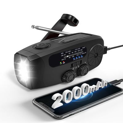 Emergency Hand Crank Radio Emgykit - 2000mAh/7400mWh AM/FM/NOAA Solar Hand Crank Emergency Radio with 3 LED Flashlights, SOS Function for Emergencies, Camping - Black