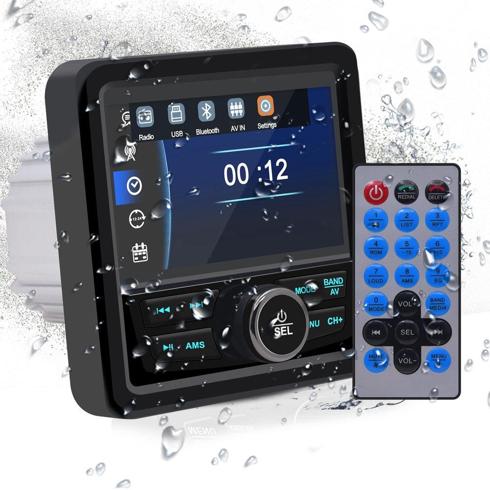 Geloo Boat Radio Marine Stereo Receiver-Waterproof Digital Media MP5 Player with 4.1" LCD Display For Watching Video, Wireless Connection, AM/FM Tuner, AUX USB Preset EQ Subwoofer, Multi-Color Buttons