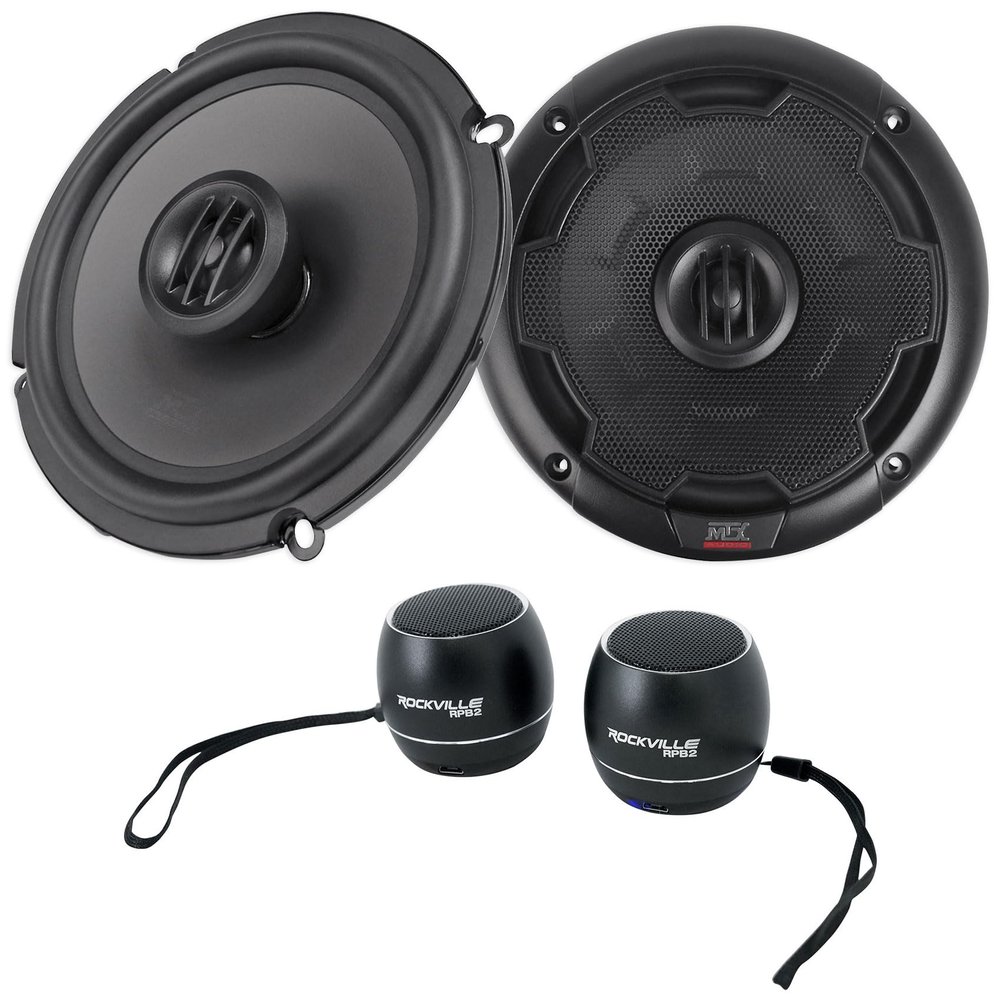 Audiosavings Bundle: (1) Pair MTX THUNDER65 6.5" 240 Watt 2-Way Car Audio Coaxial Speakers Bundle with (1) Pair Rockville RPB3-BLACK Handheld Wireless Linking Portable Bluetooth Speakers (2 Items)
