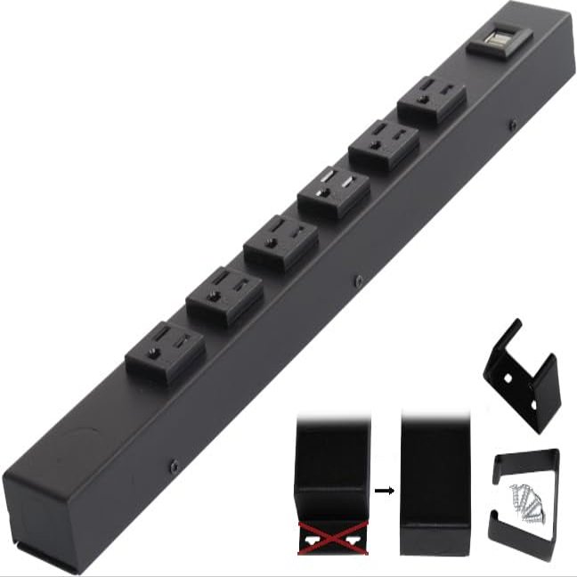 16 Hardwired Power Strip (NO Power Cord), 6 Tamper Resistant Outlets (NEMA 5-15R - NOT 20Amp), with Ears (with mounting tabs on Both Ends), USB, Black