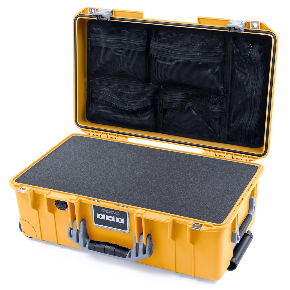 ColorCase Pelican Air 1535 Carry-on Case Yellow - Medium Size Waterproof Case with Pick & Pluck Foam & Mesh Lid Organizer - Silver Handles & Latches