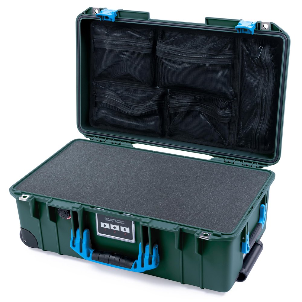 ColorCase Pelican Air 1535 Carry-on Case Trekking Green - Medium Size Waterproof Case with Pick & Pluck Foam & Mesh Lid Organizer - Blue Handles & Latches