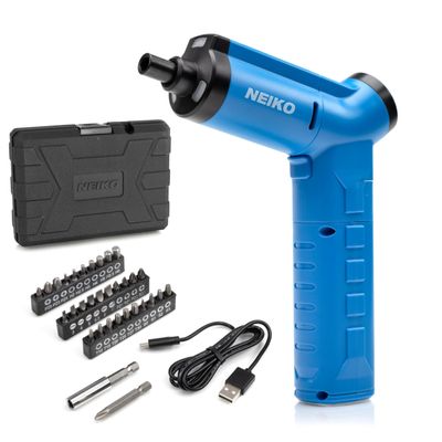 NEIKO 10580A Electric Screwdriver, 34pc Rechargeable Cordless Screwdriver Set, 1/4 Hex Shank 3.6V Lithium Ion Power Screwdriver, 3 LED Lights, USB C Charger Included, Mini Screw Driver