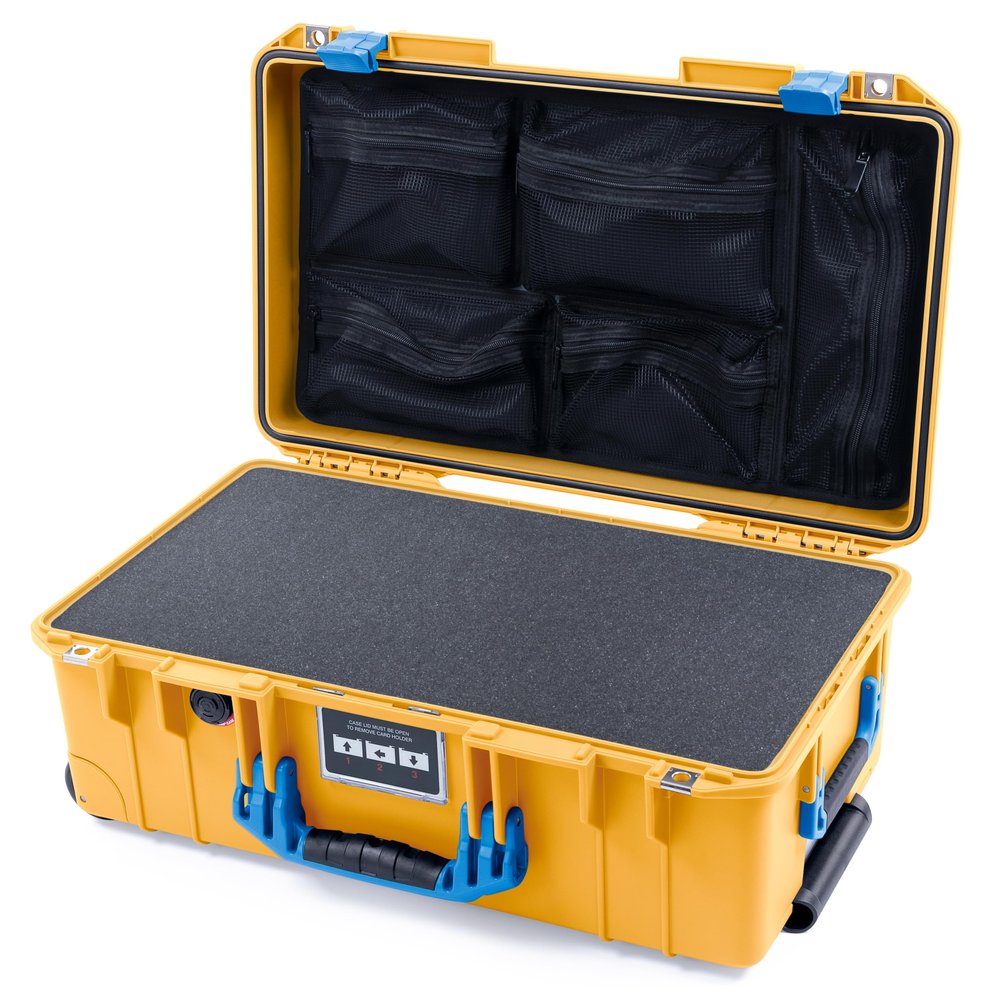 ColorCase Pelican Air 1535 Carry-on Case Yellow - Medium Size Waterproof Case with Pick & Pluck Foam & Mesh Lid Organizer - Blue Handles & Latches