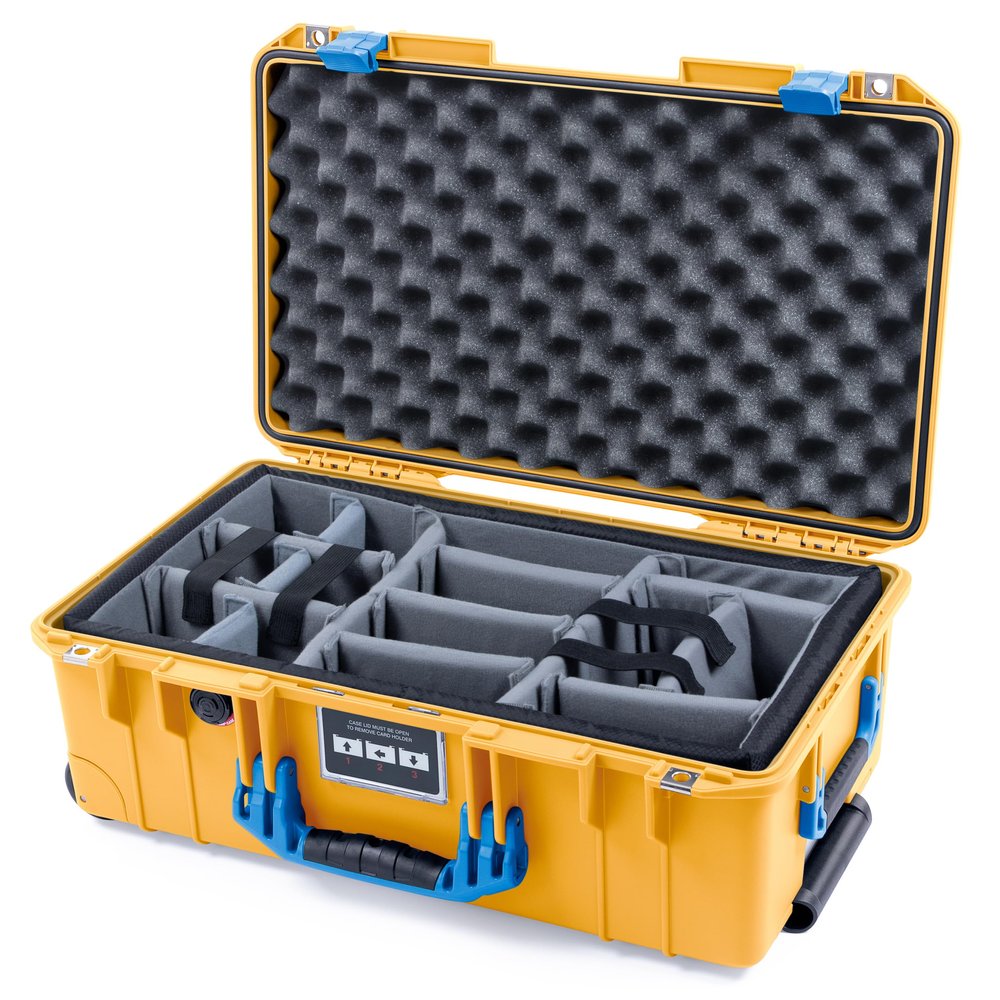 ColorCase Pelican Air 1535 Carry-on Case Yellow - Medium Size Waterproof Case with Gray Padded Microfiber Dividers & Convoluted Lid Foam - Blue Handles & Latches