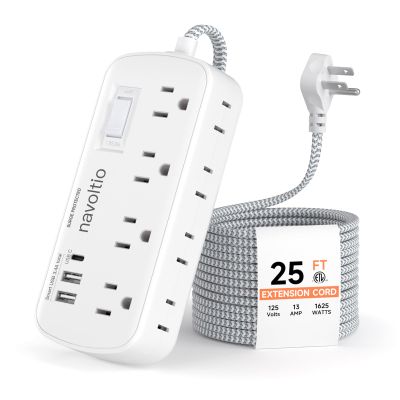 Extension Cord 25 FT Multiple Outlets - Surge Protector Power Strip 8 AC Outlets 3 USB (3.4A 17W) 1080 Joules Flat Long Braided Cord Wall Mountable for Home College Dorm 13A 1625W