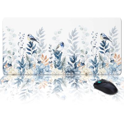 Oversized Gaming Mouse Pad, Christmas Winter Blue Poinsettia Snowflake Robin Eucalyptus Leaves Desk Mat for Home Office Non-Slip Extended XXL Computer Mouse Pad for Laptop Desktop Keyboard,35x15in